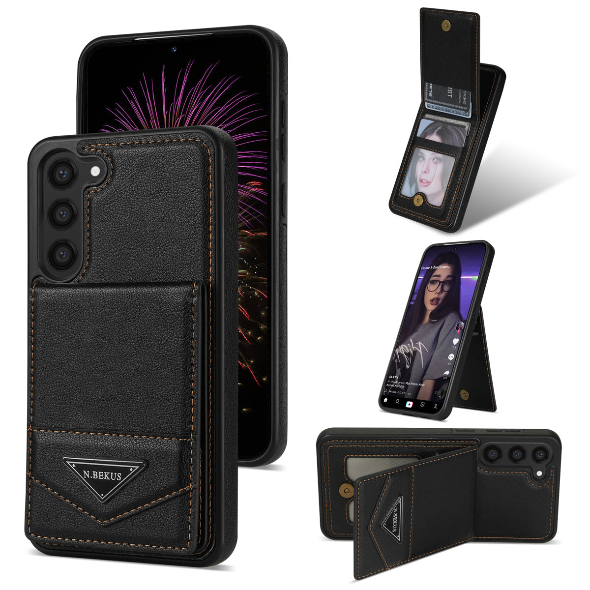 N.BEKUS For Samsung Galaxy S24+ Cell Phone Case Vertical Flip Card Holder Leather+TPU Cover - Black