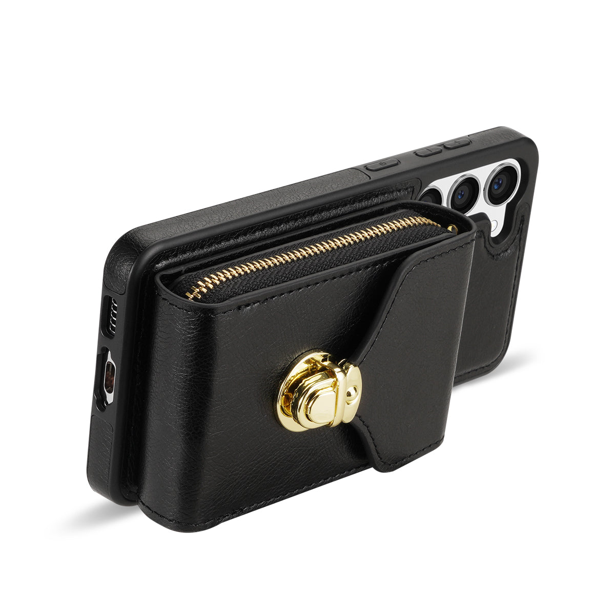 For Samsung Galaxy S24+ Case PU Leather+TPU Kickstand Phone Cover with Shoulder Strap - Black