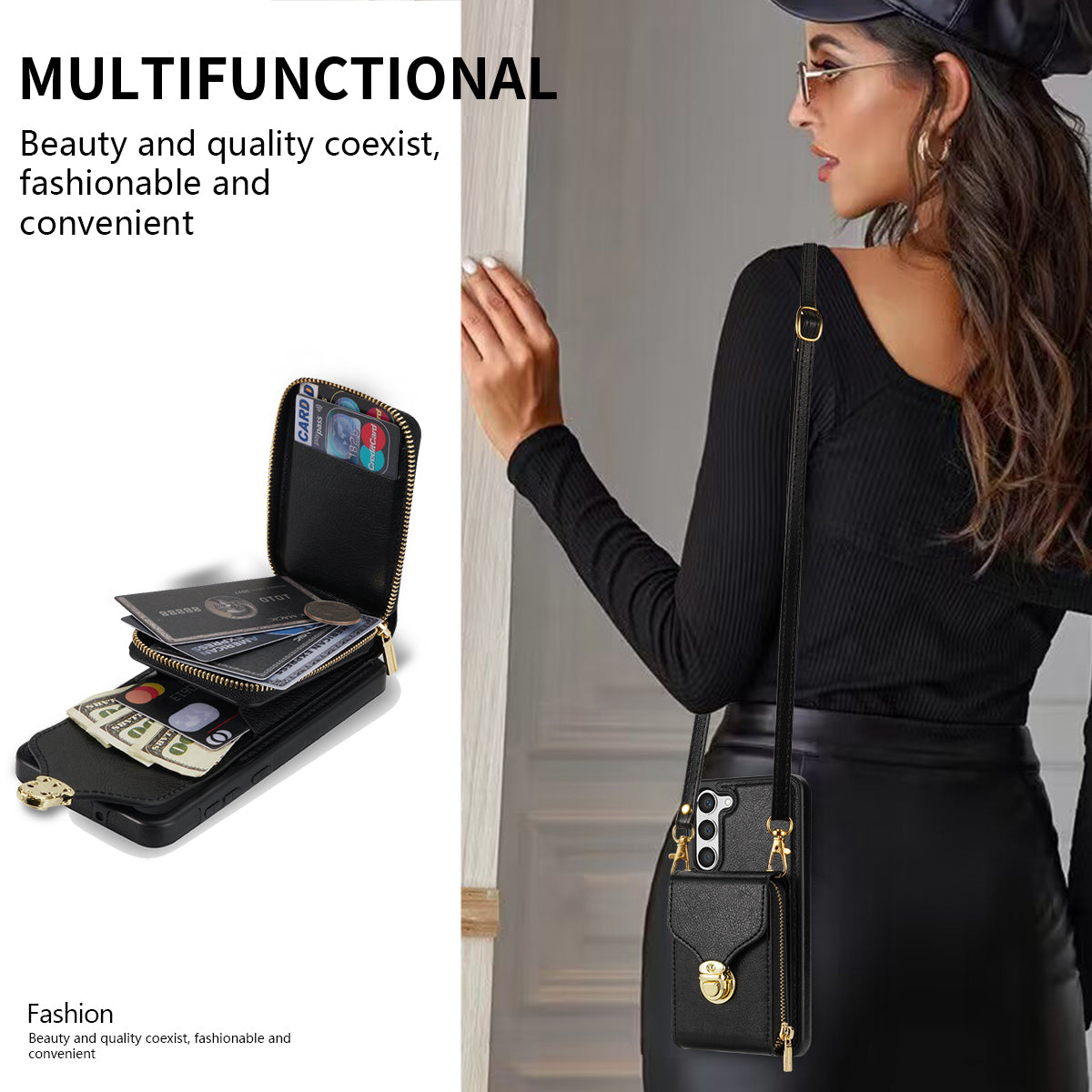 For Samsung Galaxy S24+ Case PU Leather+TPU Kickstand Phone Cover with Shoulder Strap - Black