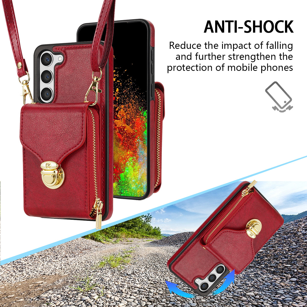 For Samsung Galaxy S24+ Case PU Leather+TPU Kickstand Phone Cover with Shoulder Strap - Red