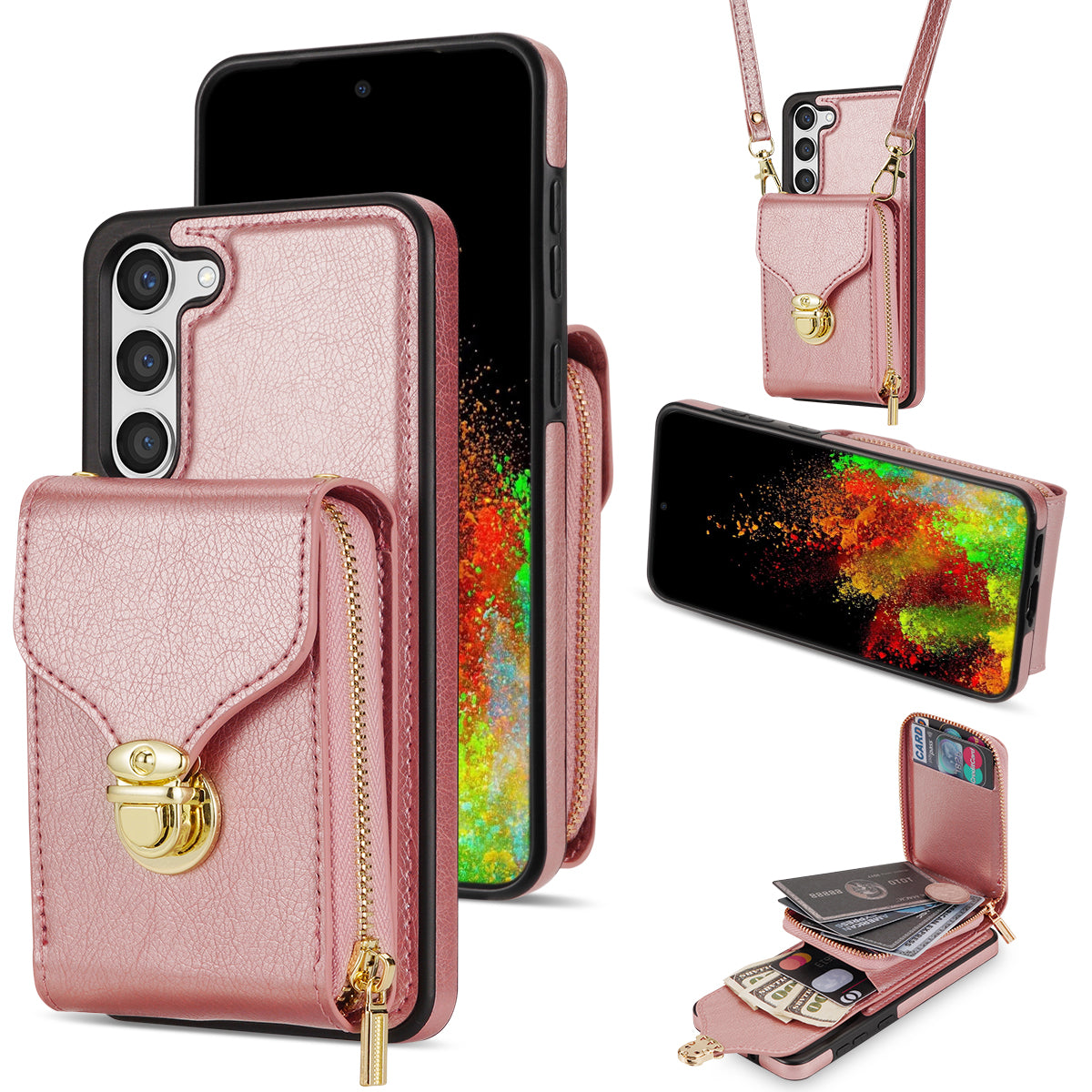 For Samsung Galaxy S24+ Case PU Leather+TPU Kickstand Phone Cover with Shoulder Strap - Rose Gold