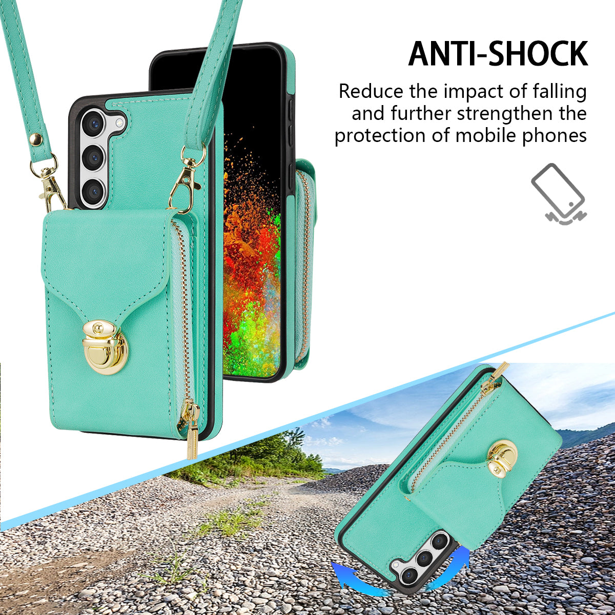 For Samsung Galaxy S24+ Case PU Leather+TPU Kickstand Phone Cover with Shoulder Strap - Mint Green