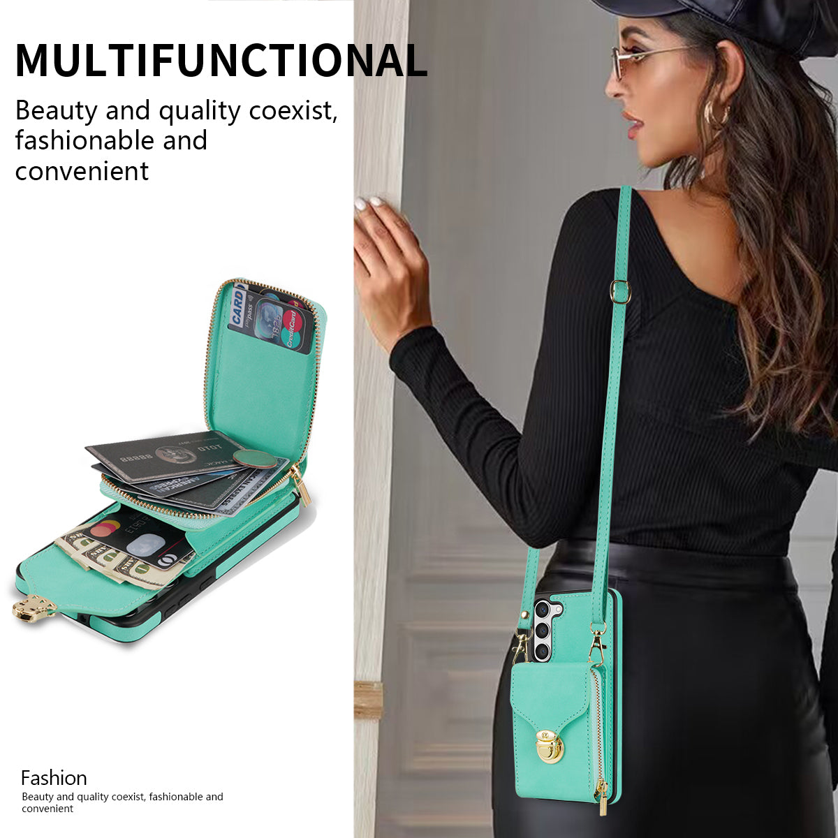 For Samsung Galaxy S24+ Case PU Leather+TPU Kickstand Phone Cover with Shoulder Strap - Mint Green