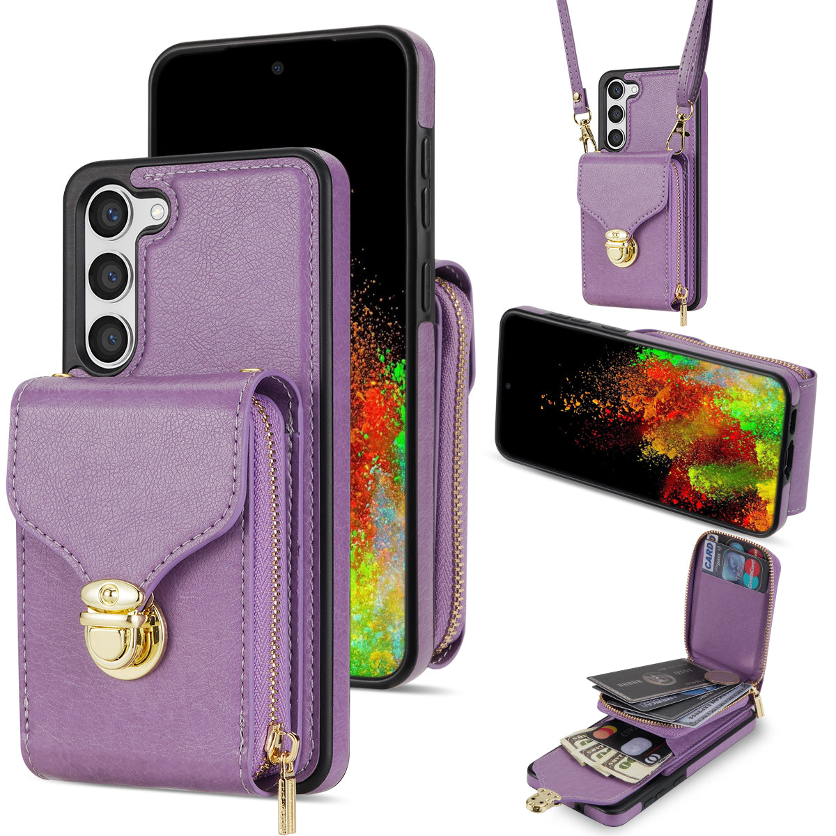 For Samsung Galaxy S24+ Case PU Leather+TPU Kickstand Phone Cover with Shoulder Strap - Purple