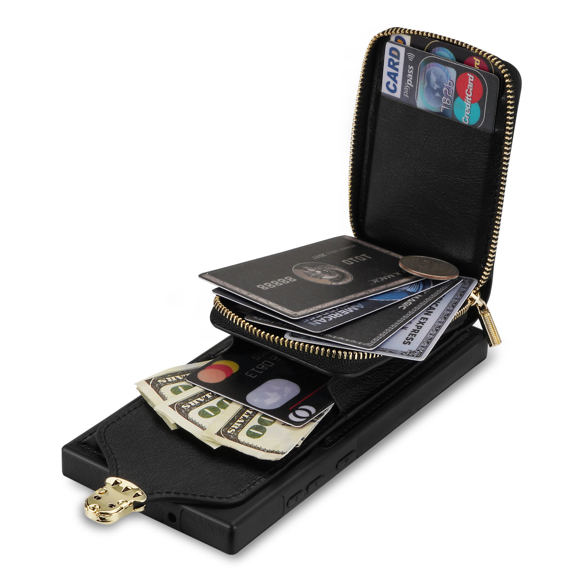 For Samsung Galaxy S24 Ultra Cell Phone Case Card Holder PU Leather + TPU Kickstand Cover - Black