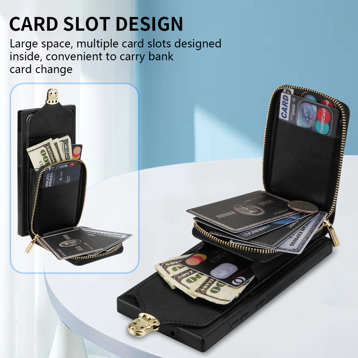 For Samsung Galaxy S24 Ultra Cell Phone Case Card Holder PU Leather + TPU Kickstand Cover - Black