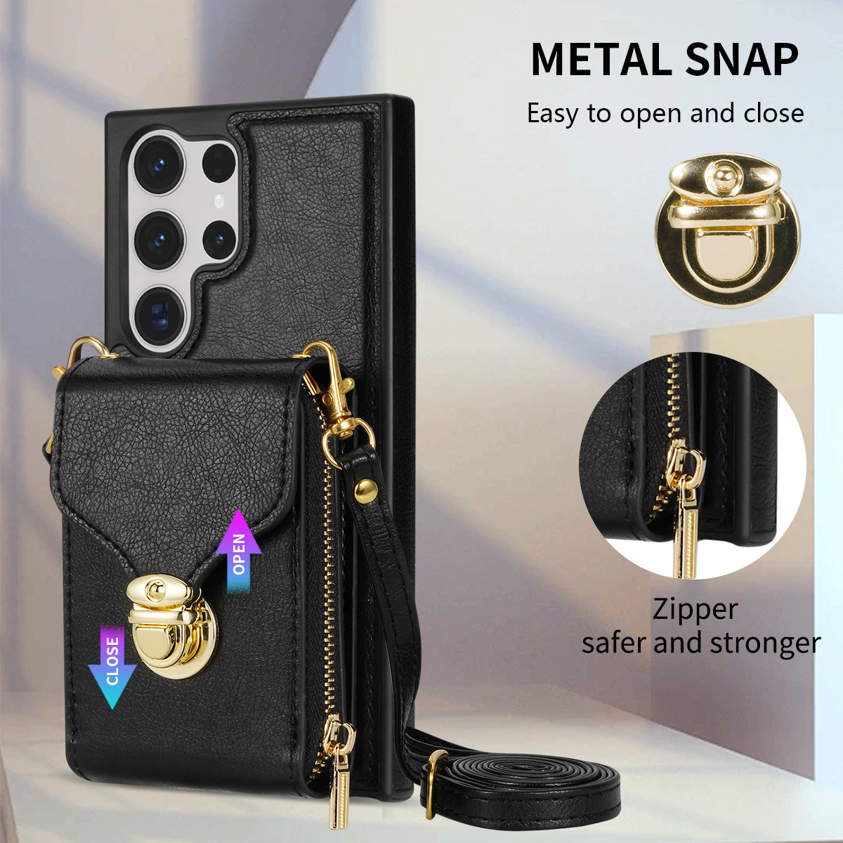 For Samsung Galaxy S24 Ultra Cell Phone Case Card Holder PU Leather + TPU Kickstand Cover - Black