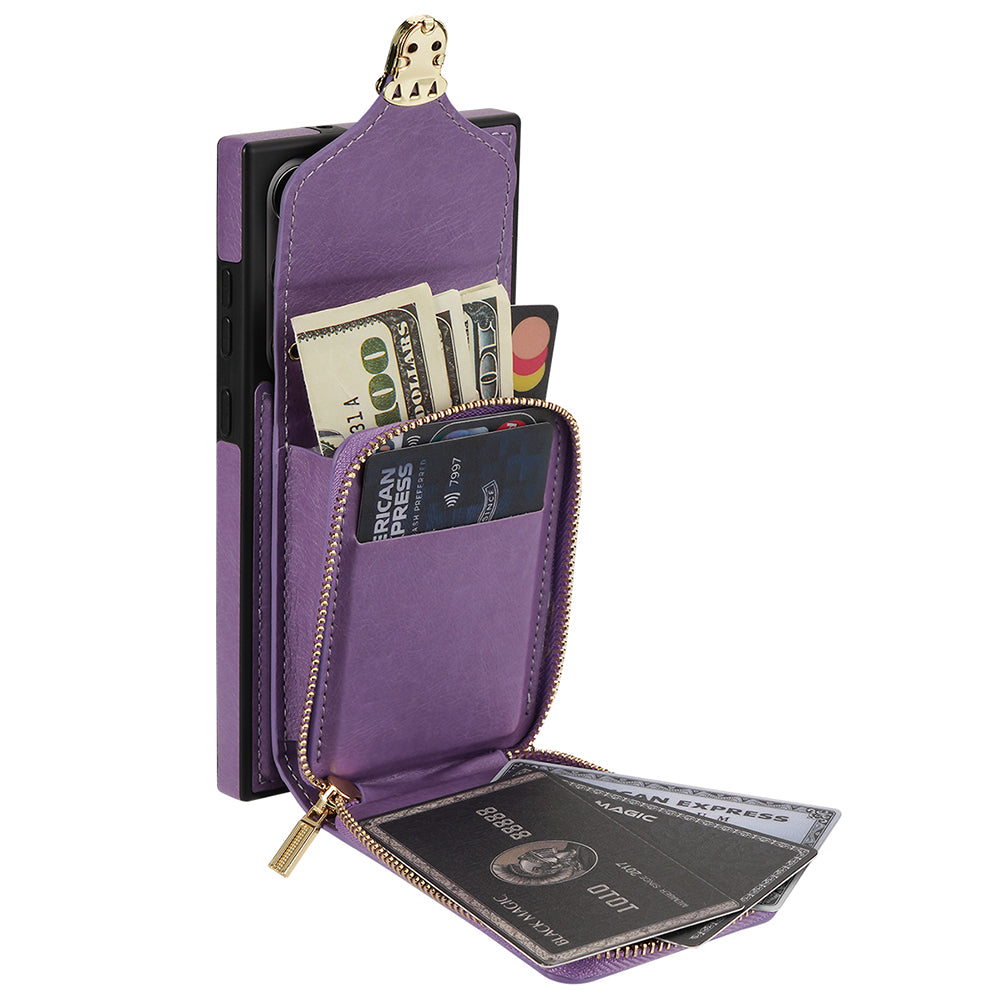 For Samsung Galaxy S24 Ultra Cell Phone Case Card Holder PU Leather + TPU Kickstand Cover - Purple