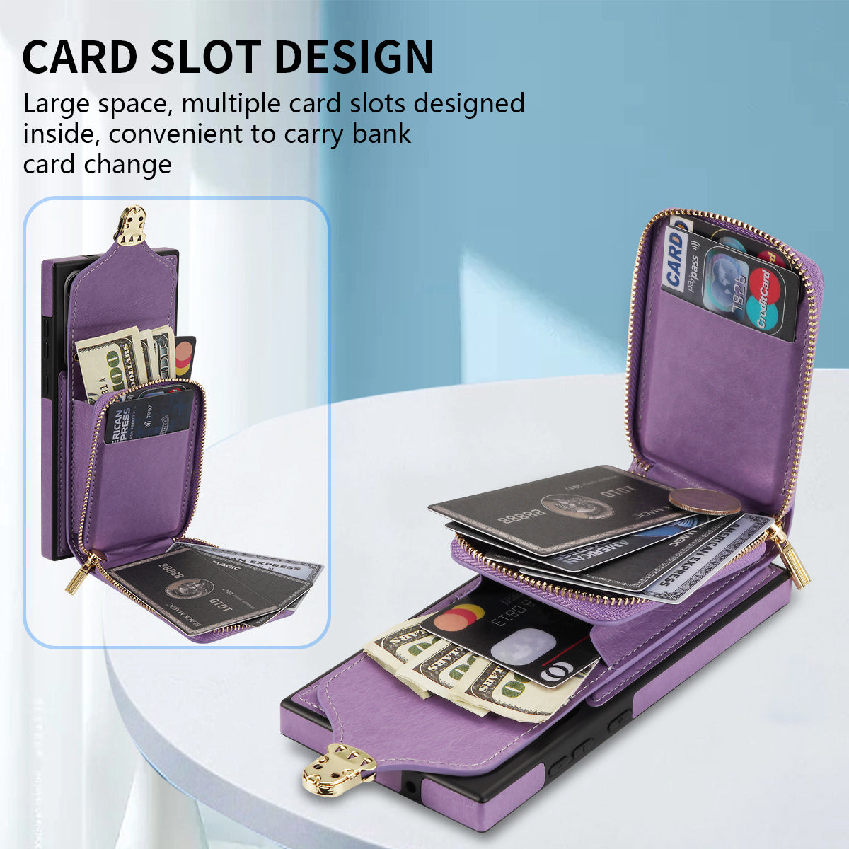 For Samsung Galaxy S24 Ultra Cell Phone Case Card Holder PU Leather + TPU Kickstand Cover - Purple