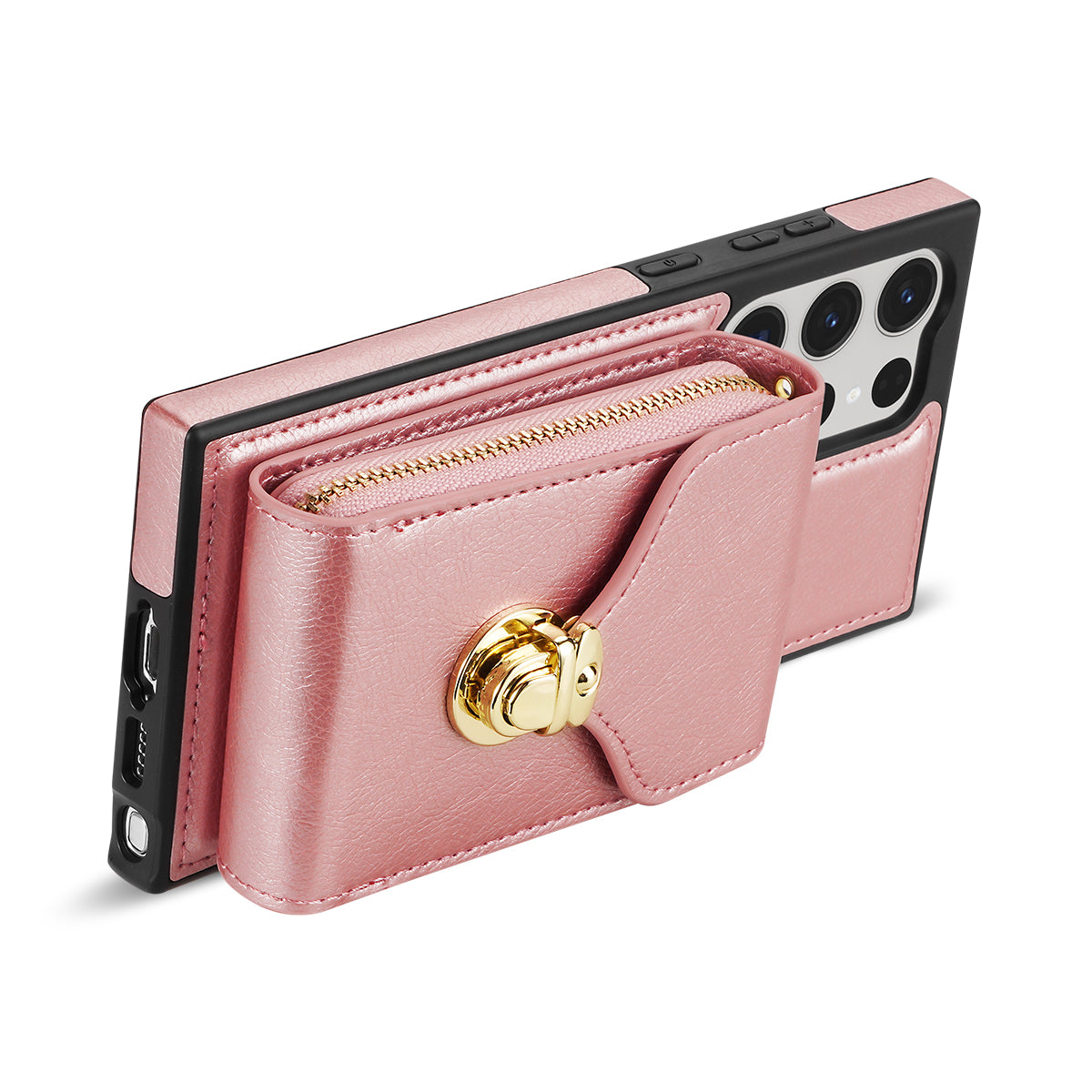 For Samsung Galaxy S24 Ultra Cell Phone Case Card Holder PU Leather + TPU Kickstand Cover - Rose Gold