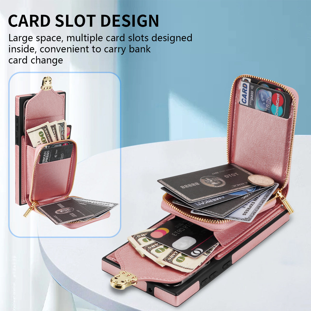 For Samsung Galaxy S24 Ultra Cell Phone Case Card Holder PU Leather + TPU Kickstand Cover - Rose Gold