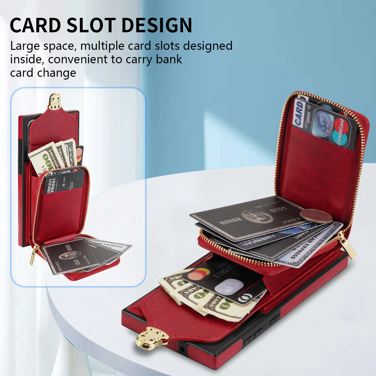 For Samsung Galaxy S24 Ultra Cell Phone Case Card Holder PU Leather + TPU Kickstand Cover - Red