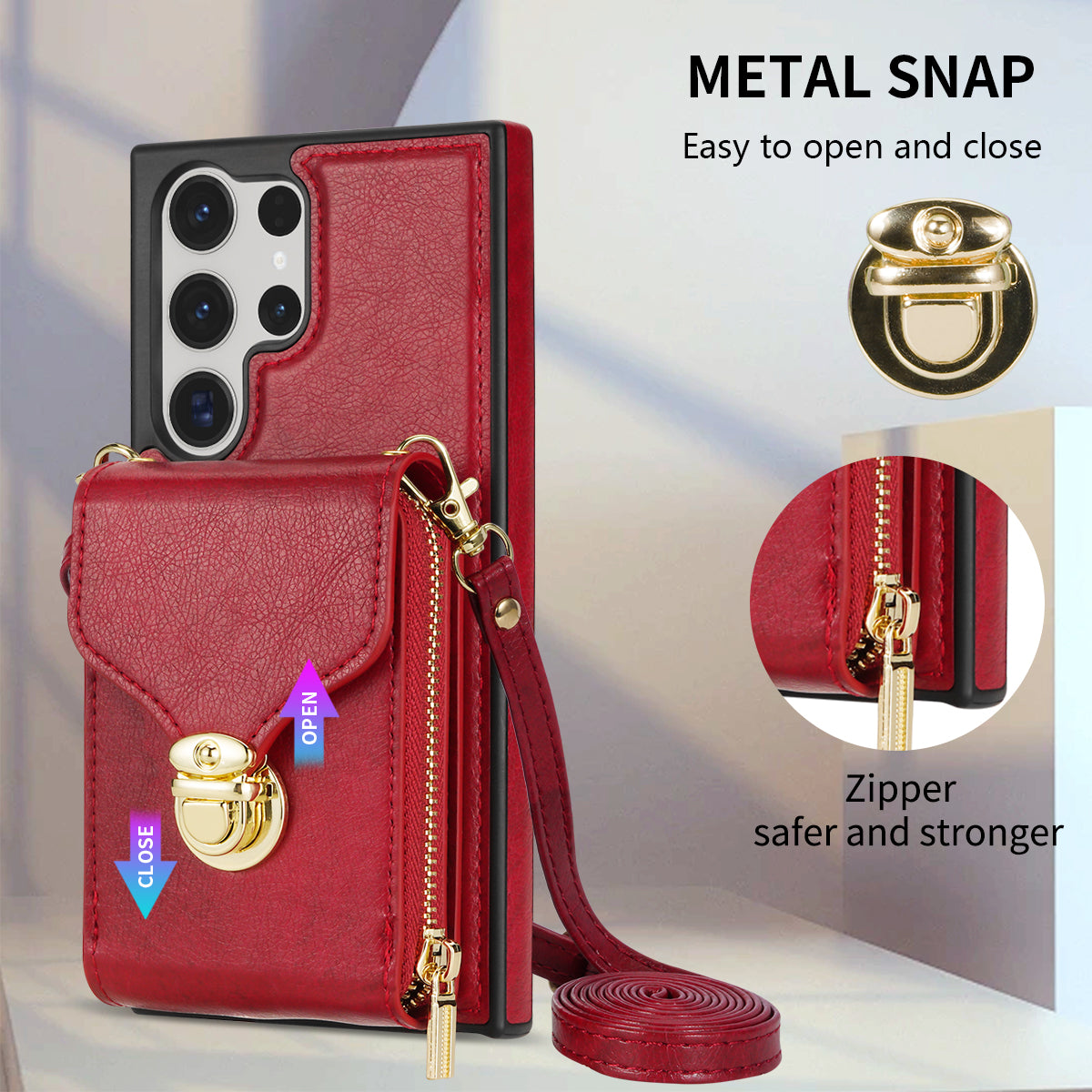 For Samsung Galaxy S24 Ultra Cell Phone Case Card Holder PU Leather + TPU Kickstand Cover - Red