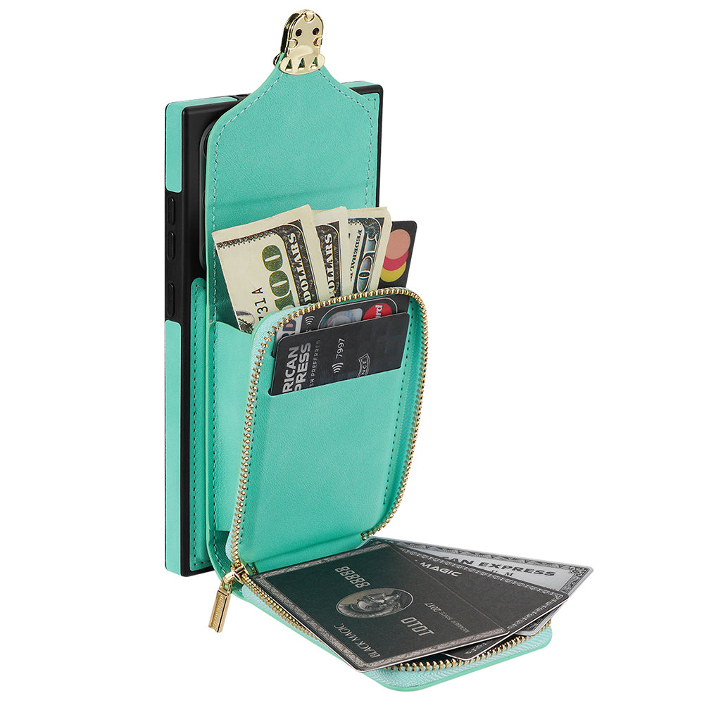 For Samsung Galaxy S24 Ultra Cell Phone Case Card Holder PU Leather + TPU Kickstand Cover - Mint Green
