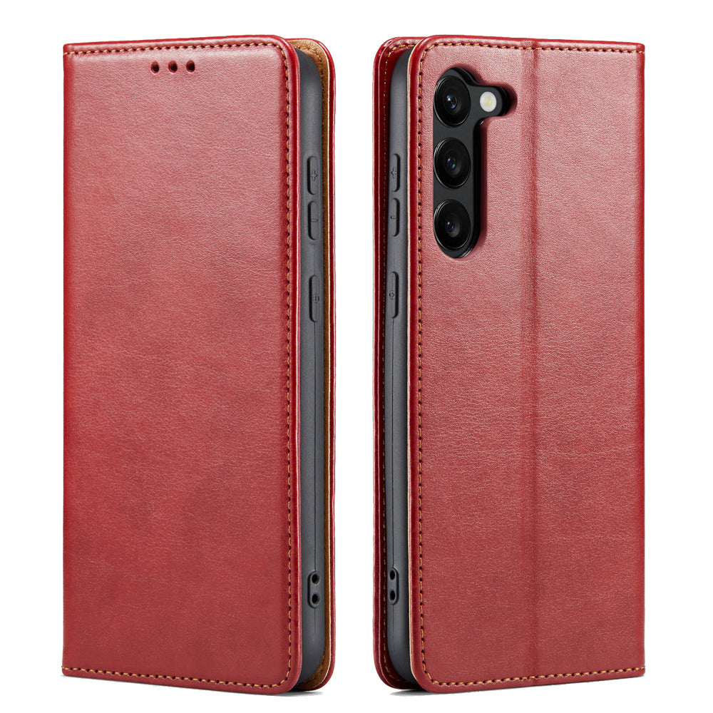 FIERRE SHANN For Samsung Galaxy S24 Case PU Leather Wallet Phone Guard Cover - Red