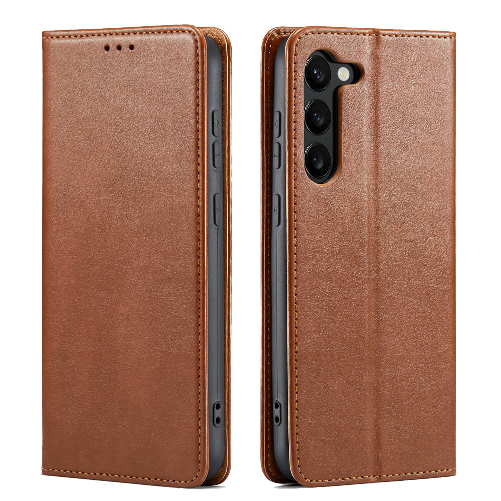 FIERRE SHANN For Samsung Galaxy S24 Case PU Leather Wallet Phone Guard Cover - Brown