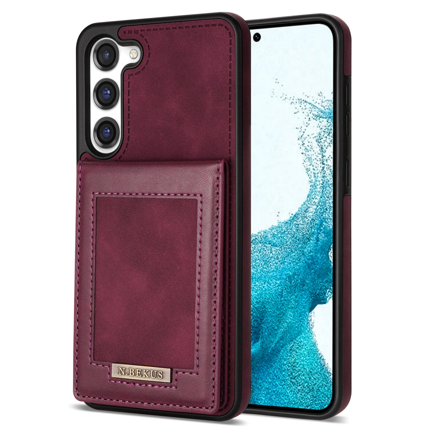 N.BEKUS For Samsung Galaxy S24+ RFID Blocking Design Cover Card Holder Kickstand Phone Case - Wine Red