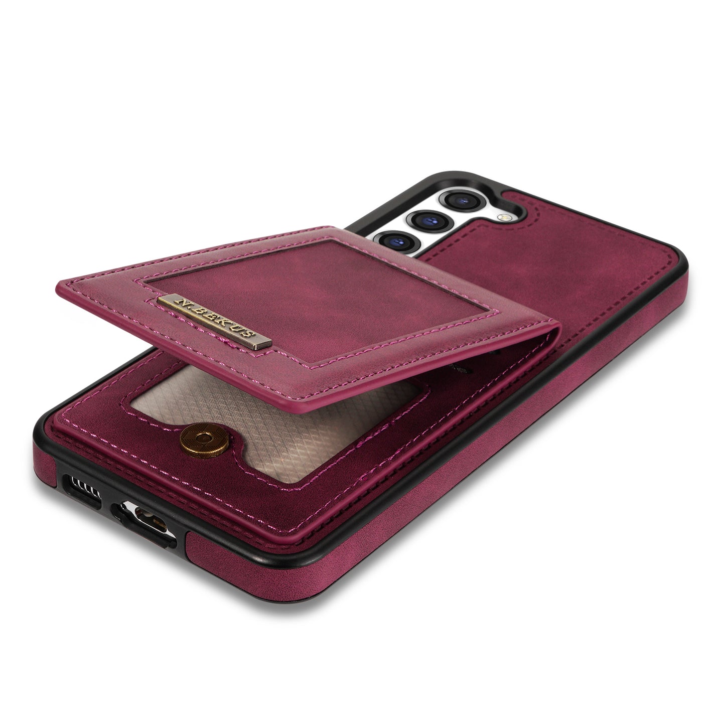N.BEKUS For Samsung Galaxy S24+ RFID Blocking Design Cover Card Holder Kickstand Phone Case - Wine Red