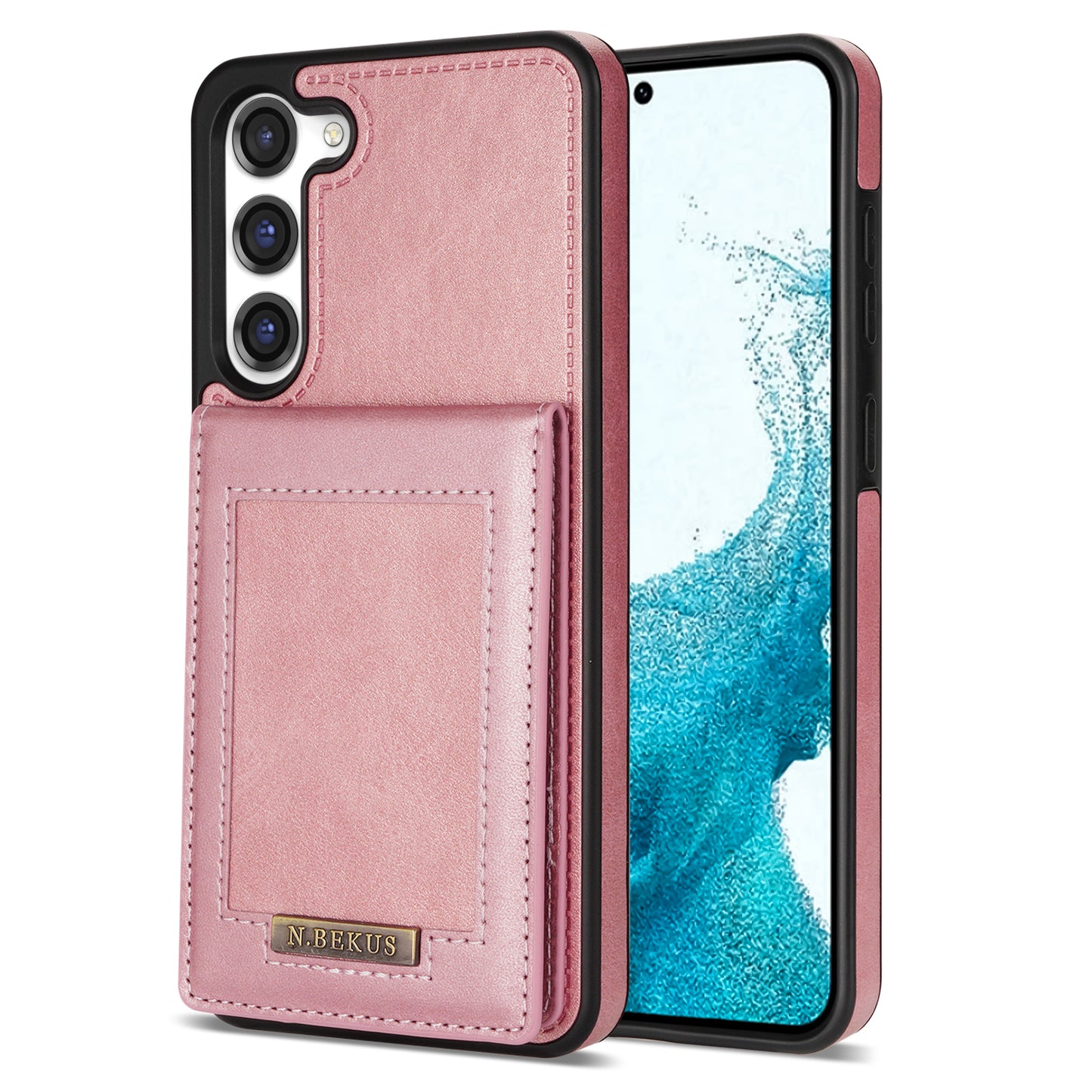 N.BEKUS For Samsung Galaxy S24+ RFID Blocking Design Cover Card Holder Kickstand Phone Case - Rose Gold