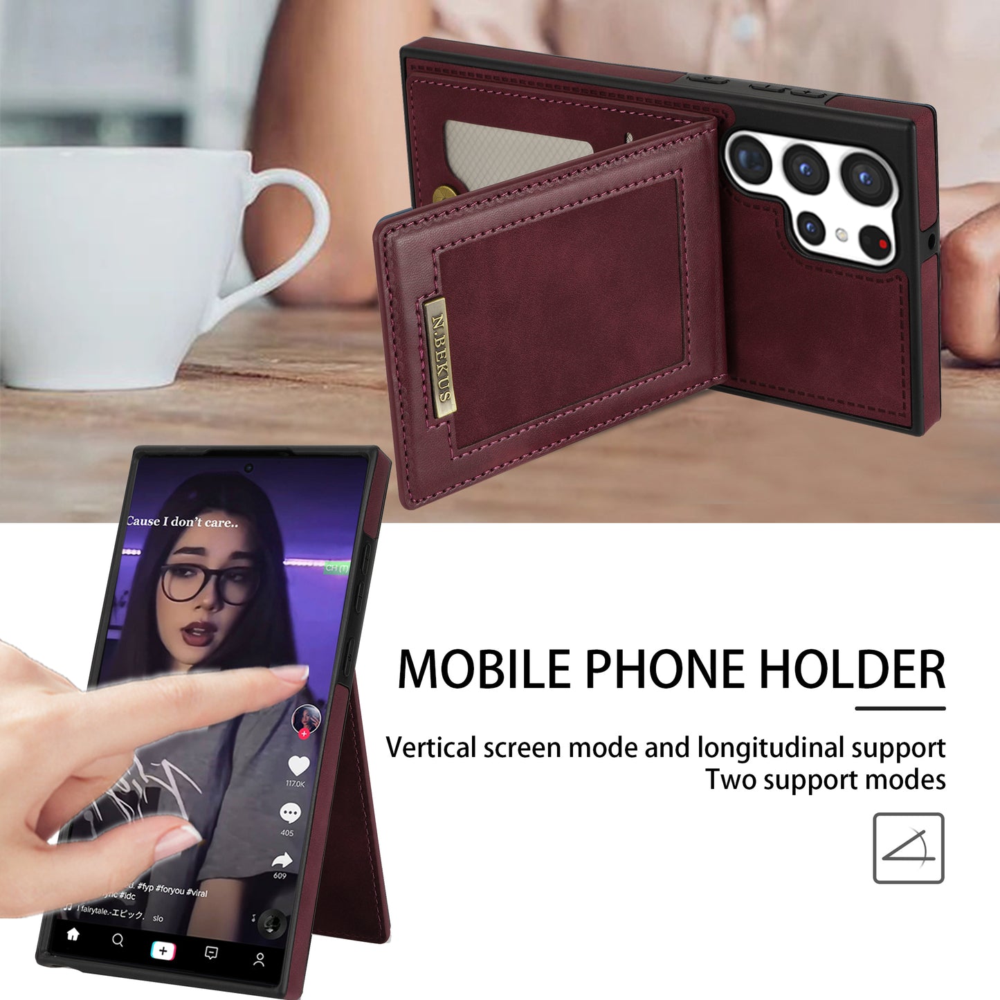 N.BEKUS For Samsung Galaxy S24 Ultra Kickstand Cover RFID Blocking Phone Case - Wine Red