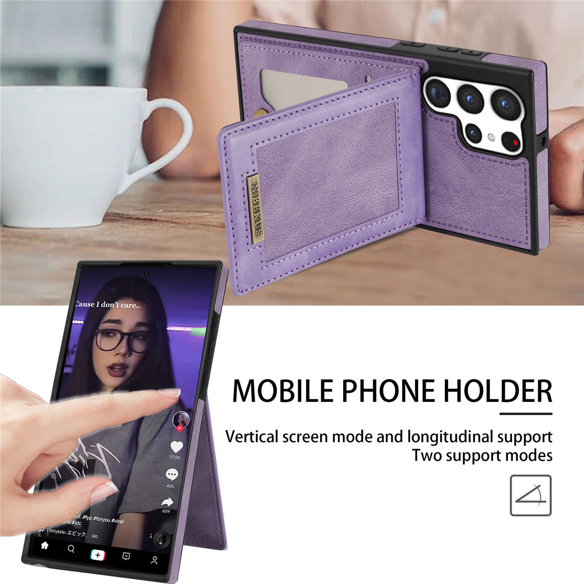 N.BEKUS For Samsung Galaxy S24 Ultra Kickstand Cover RFID Blocking Phone Case - Purple