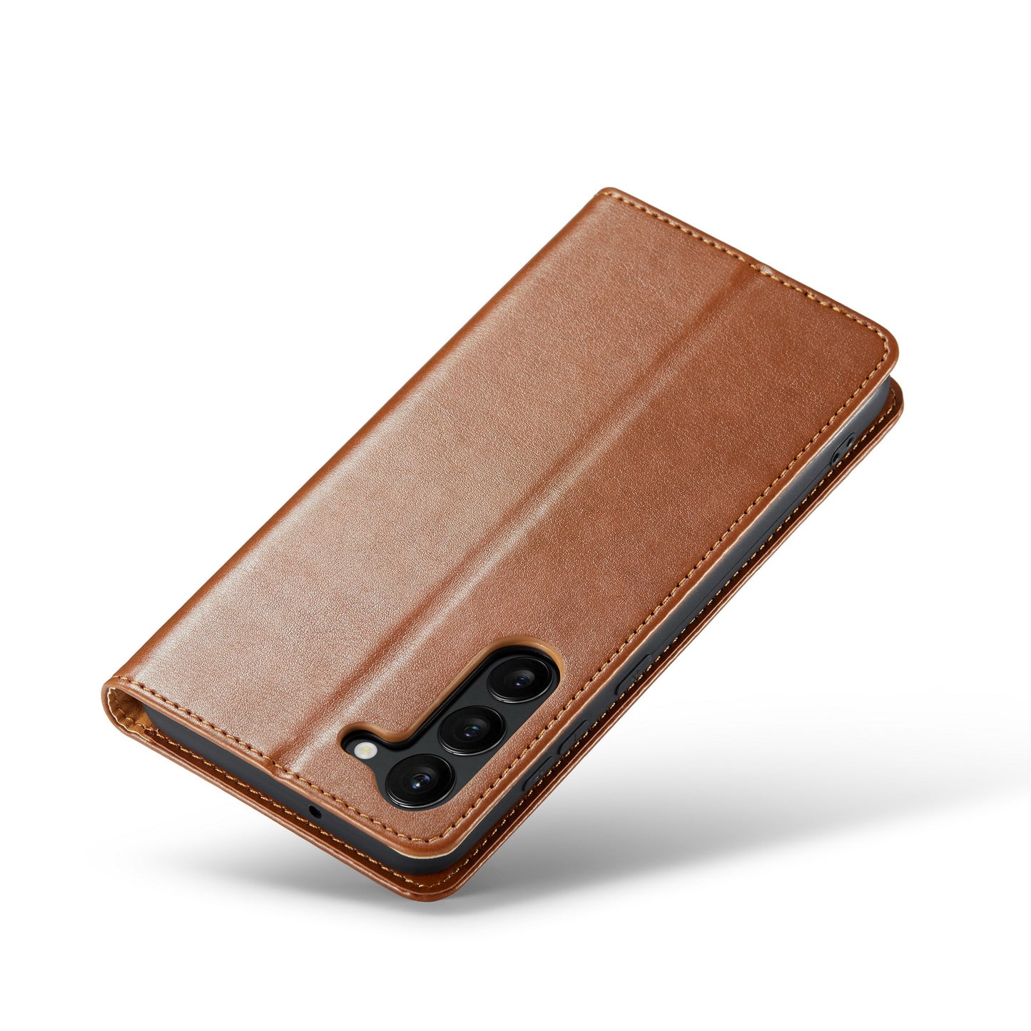 FIERRE SHANN For Samsung Galaxy S24+ Magnetic Case PU Leather+TPU Smart Phone Protector - Brown