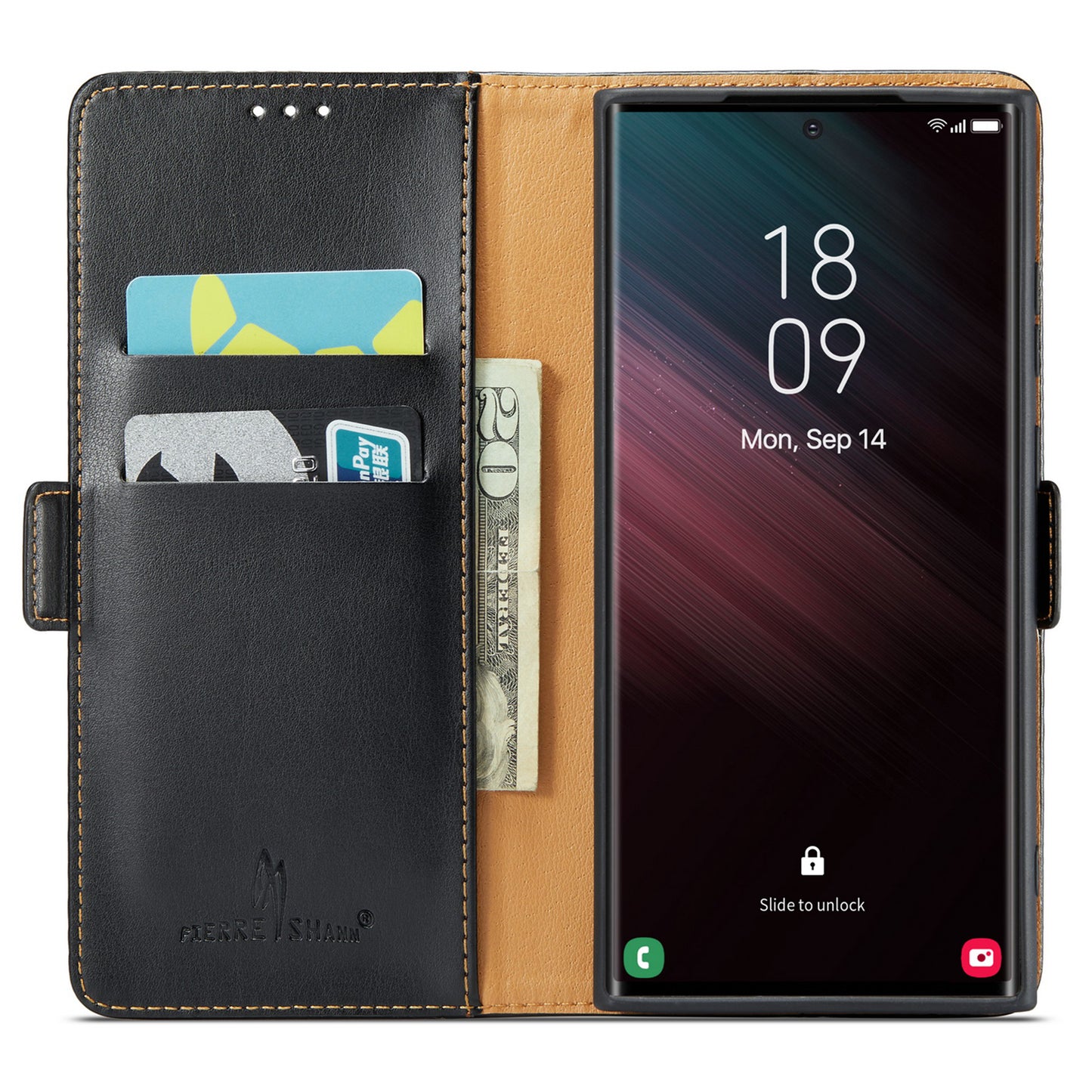 FIERRE SHANN For Samsung Galaxy S24 Ultra Case Anti-fall Leather Stand Wallet Protective Cover - Black