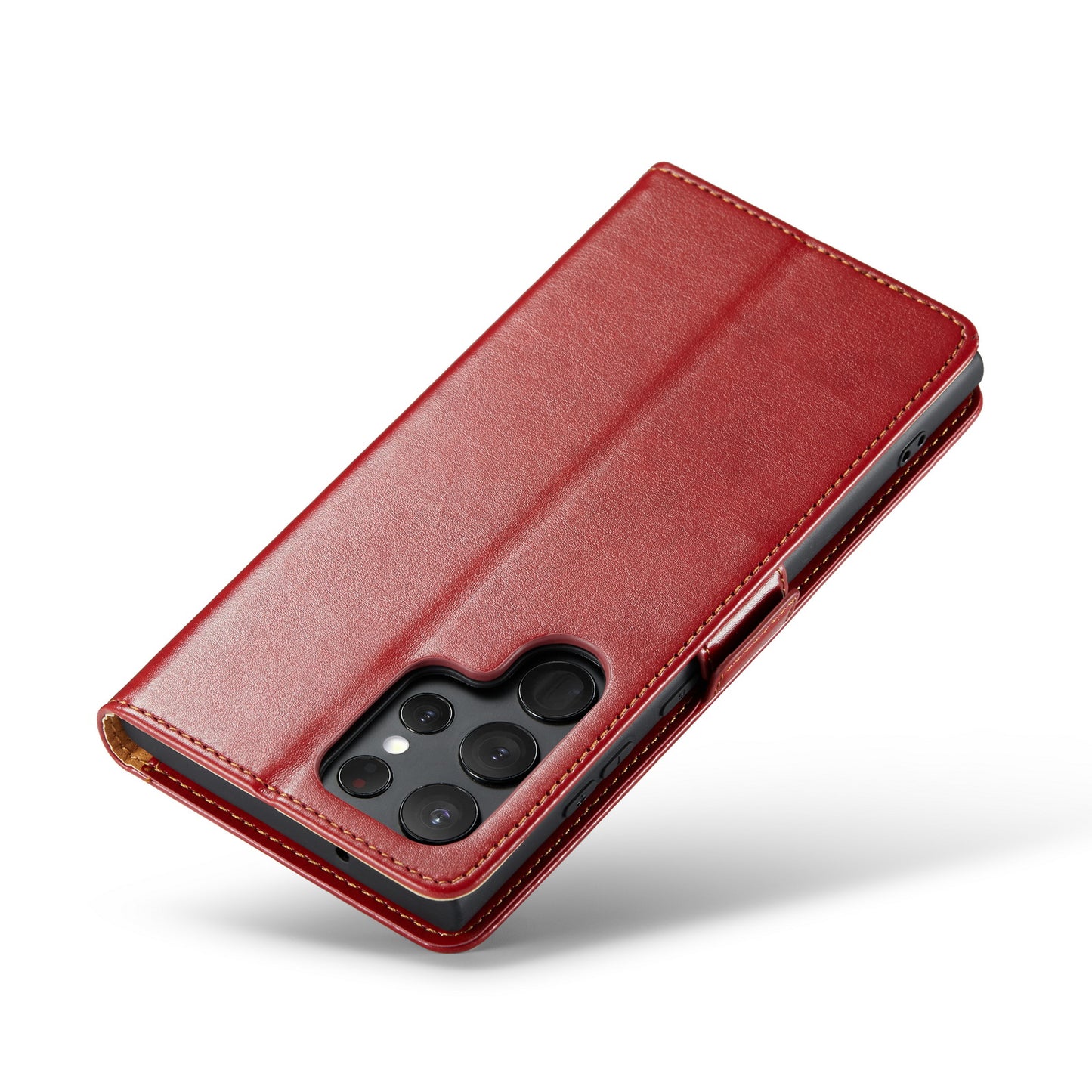 FIERRE SHANN For Samsung Galaxy S24 Ultra Case Anti-fall Leather Stand Wallet Protective Cover - Red