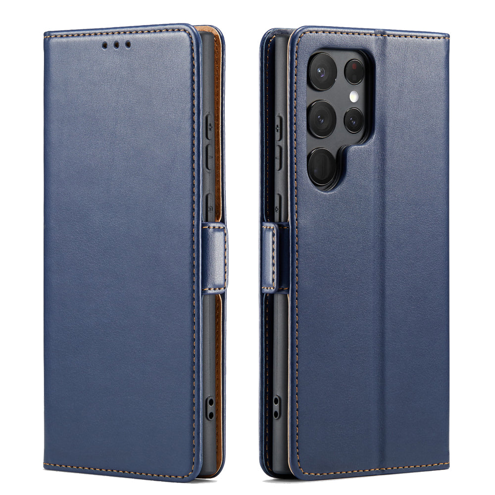 FIERRE SHANN For Samsung Galaxy S24 Ultra Case Anti-fall Leather Stand Wallet Protective Cover - Blue