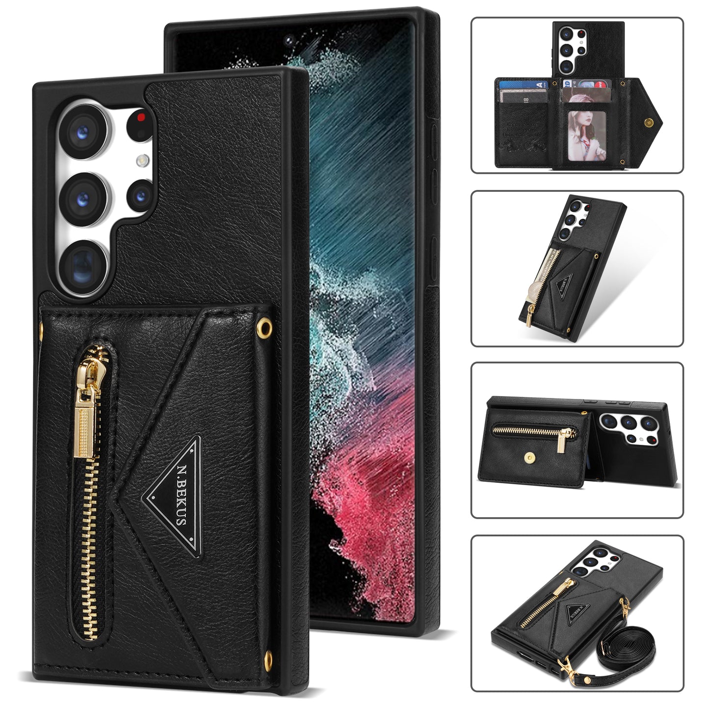 N.BEKUS For Samsung Galaxy S24 Ultra Phone Case Zipper Card Holder Cover with Shoulder Strap - Black