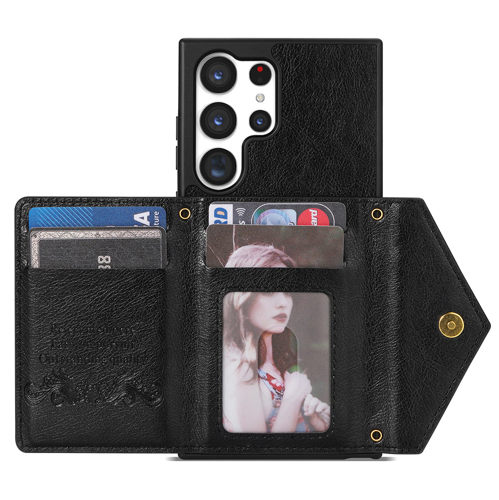 N.BEKUS For Samsung Galaxy S24 Ultra Phone Case Zipper Card Holder Cover with Shoulder Strap - Black