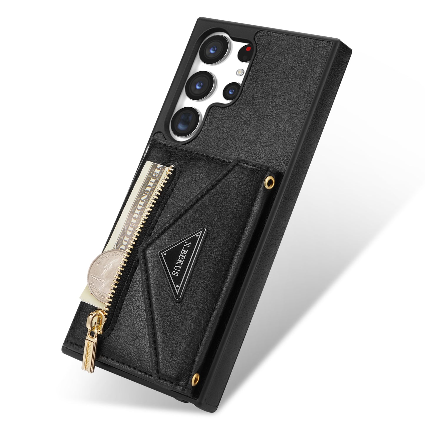 N.BEKUS For Samsung Galaxy S24 Ultra Phone Case Zipper Card Holder Cover with Shoulder Strap - Black