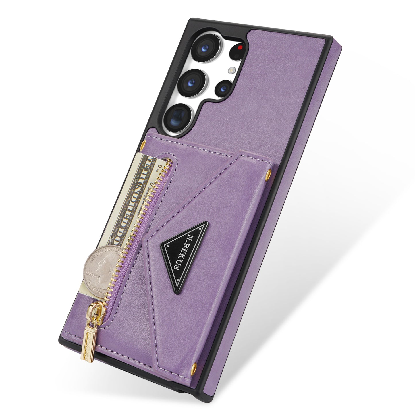 N.BEKUS For Samsung Galaxy S24 Ultra Phone Case Zipper Card Holder Cover with Shoulder Strap - Purple