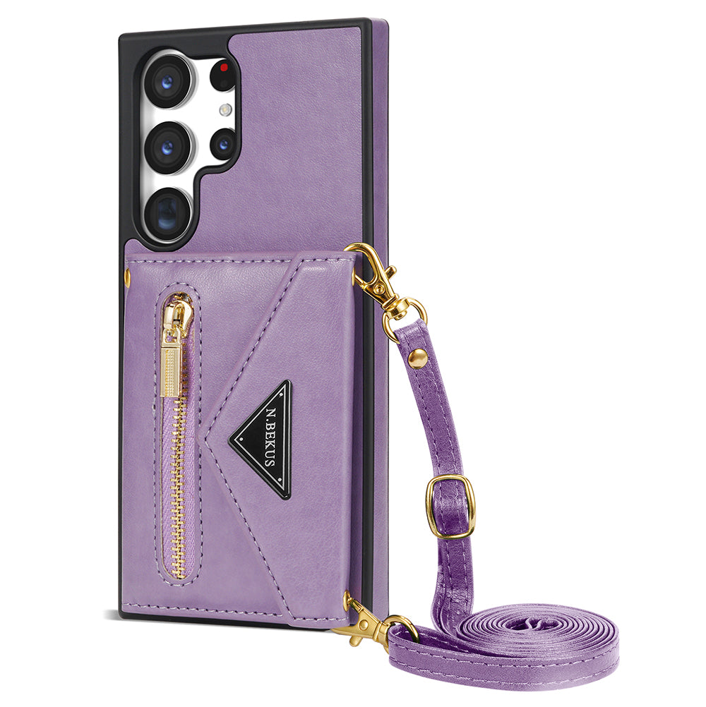 N.BEKUS For Samsung Galaxy S24 Ultra Phone Case Zipper Card Holder Cover with Shoulder Strap - Purple