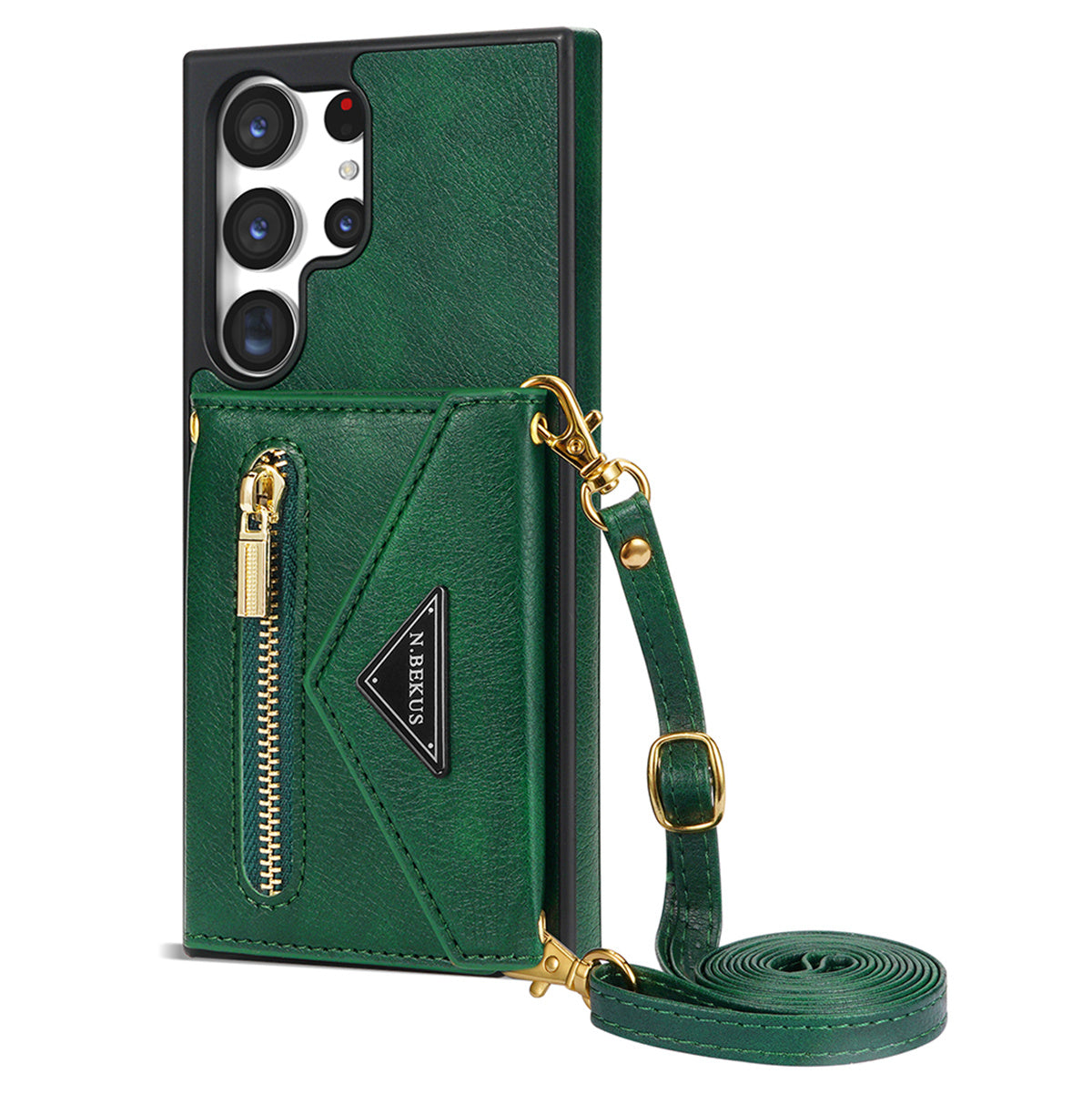 N.BEKUS For Samsung Galaxy S24 Ultra Phone Case Zipper Card Holder Cover with Shoulder Strap - Green