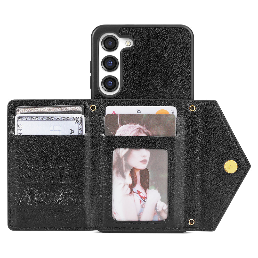 N.BEKUS For Samsung Galaxy S24 Zipper Phone Case Wallet Kickstand Cover with Shoulder Strap - Black