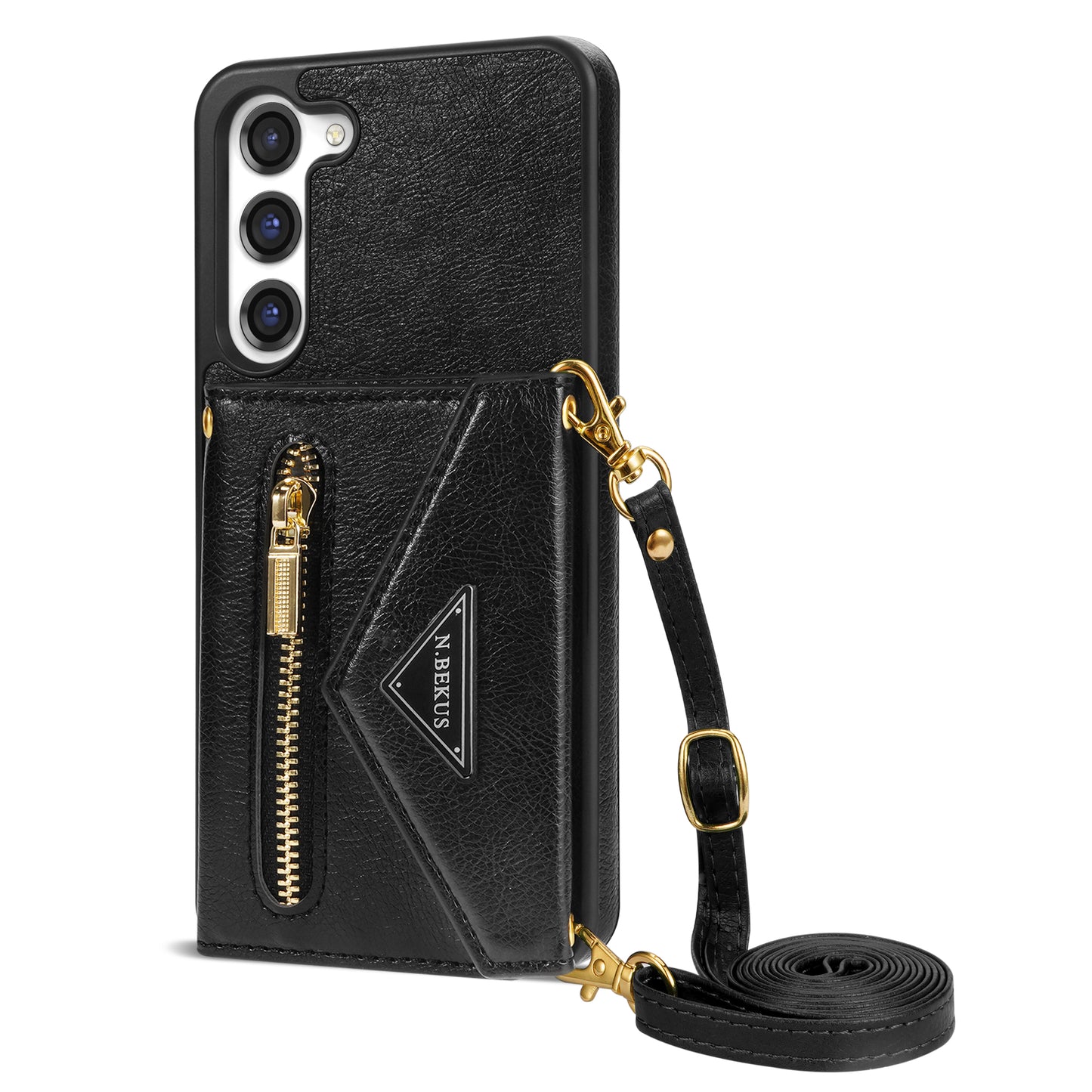 N.BEKUS For Samsung Galaxy S24 Zipper Phone Case Wallet Kickstand Cover with Shoulder Strap - Black