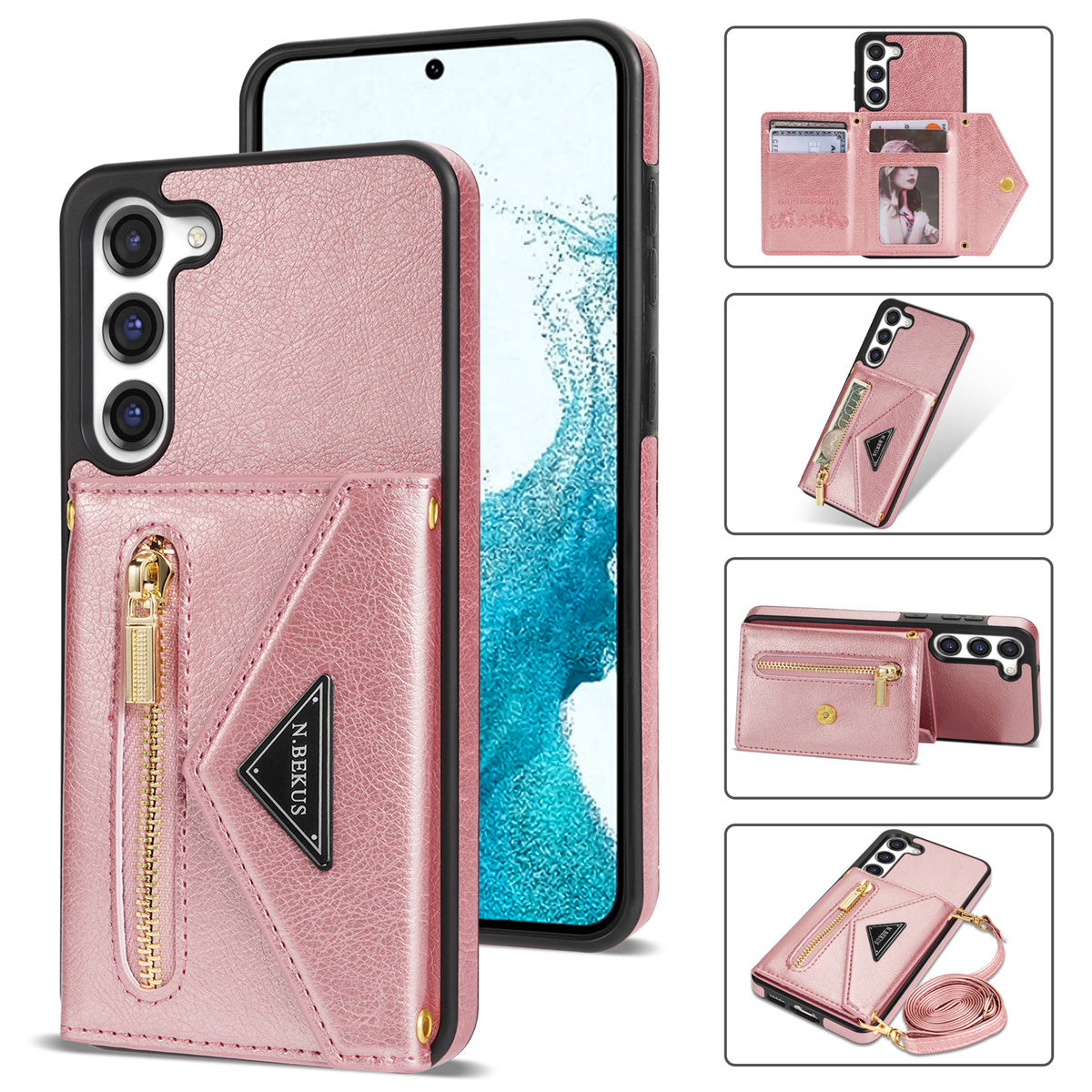 N.BEKUS For Samsung Galaxy S24 Zipper Phone Case Wallet Kickstand Cover with Shoulder Strap - Pink