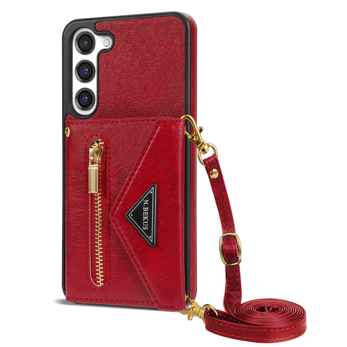 N.BEKUS For Samsung Galaxy S24 Zipper Phone Case Wallet Kickstand Cover with Shoulder Strap - Red