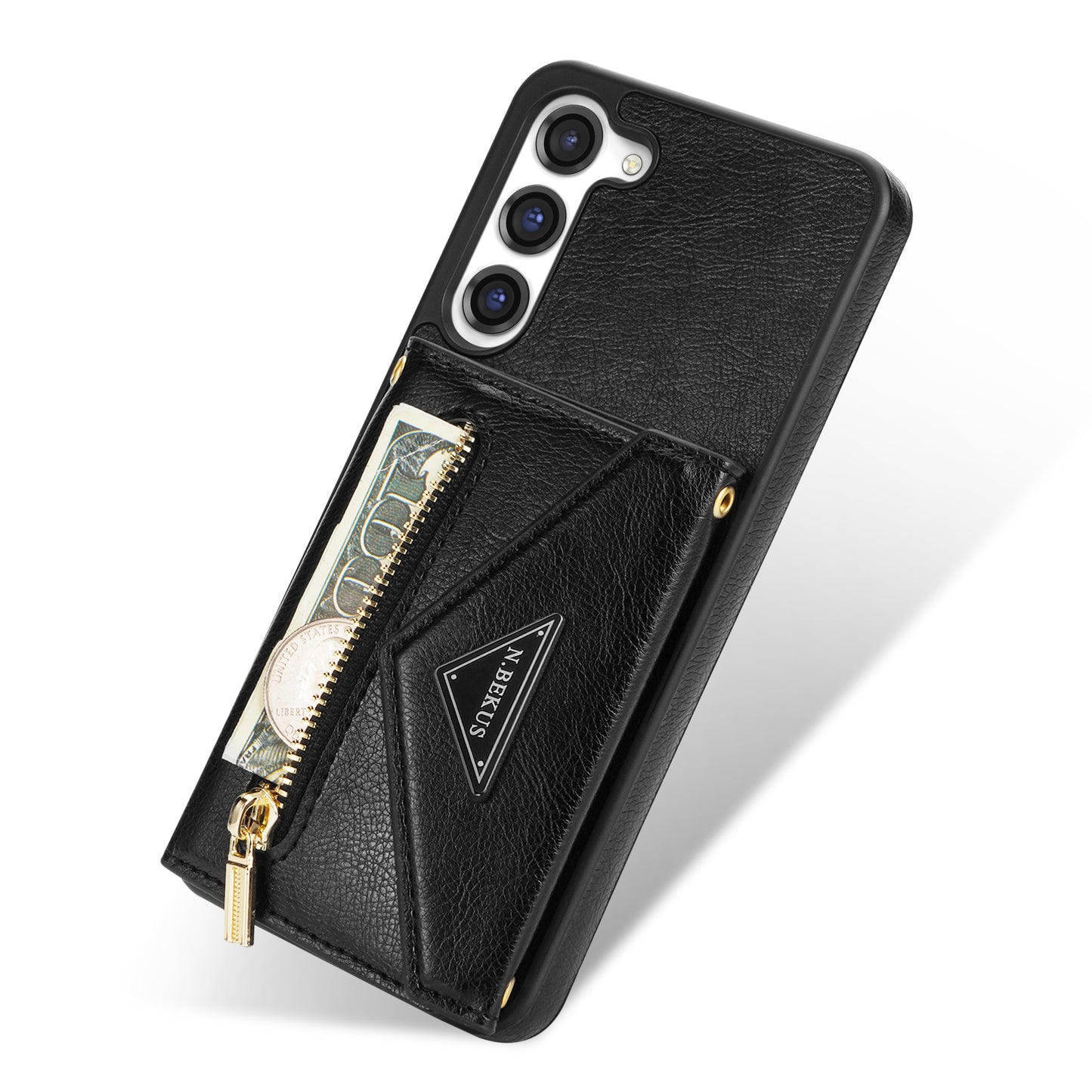 N.BEKUS For Samsung Galaxy S24+ Leather Zipper Case Card Holder Phone Cover with Shoulder Strap - Black