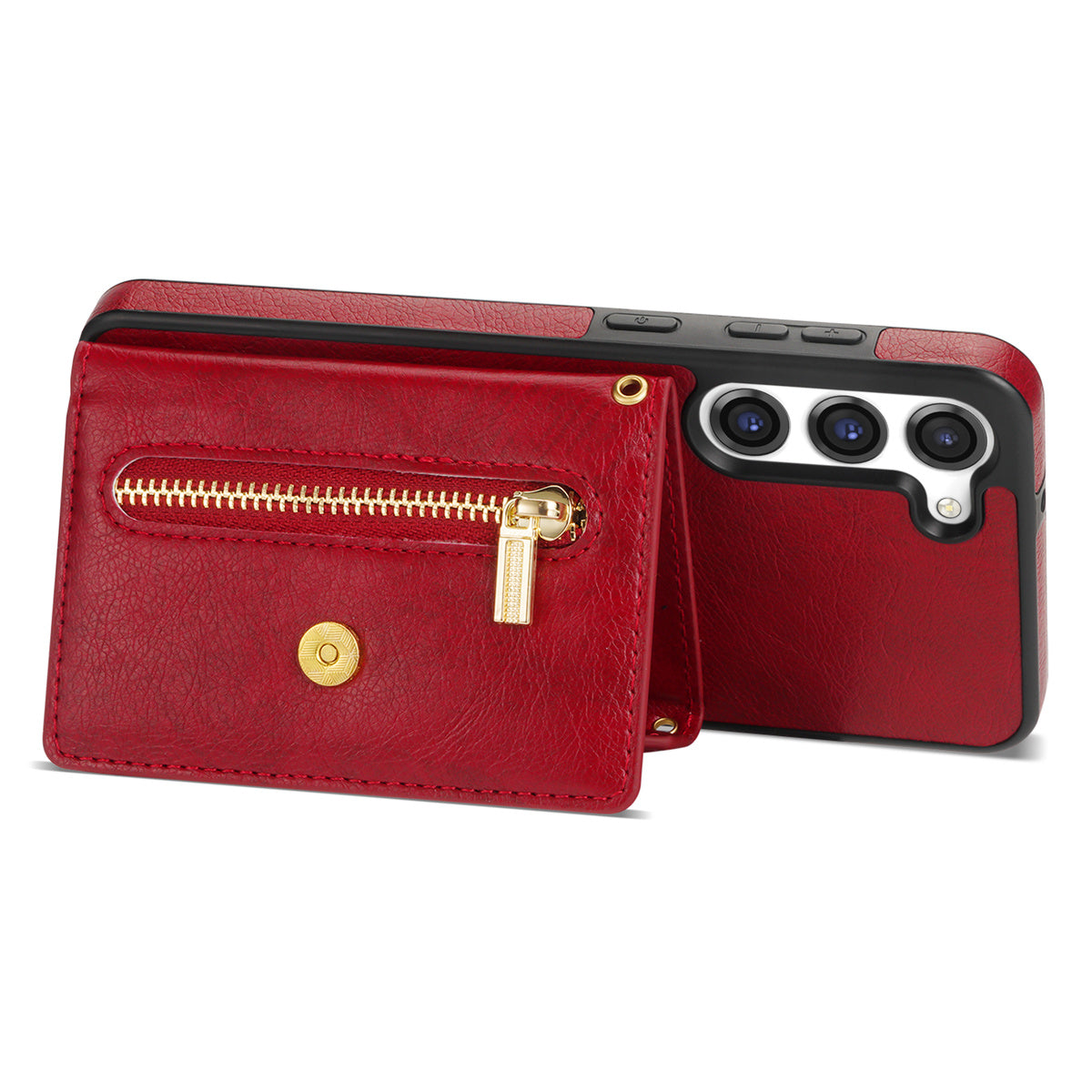N.BEKUS For Samsung Galaxy S24+ Leather Zipper Case Card Holder Phone Cover with Shoulder Strap - Red