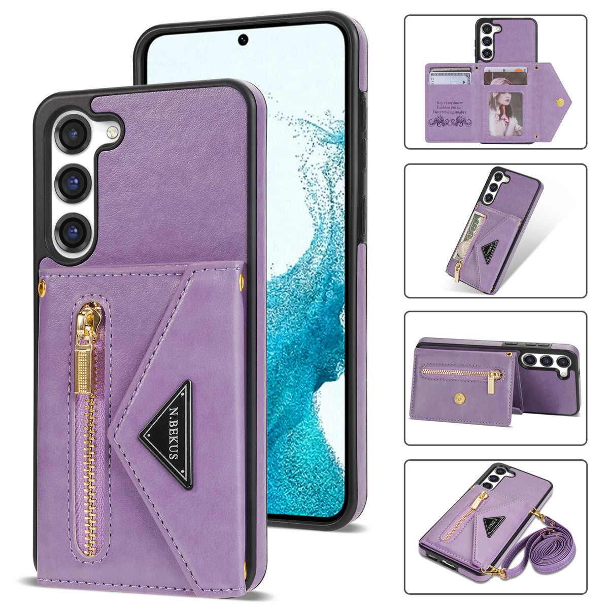 N.BEKUS For Samsung Galaxy S24+ Leather Zipper Case Card Holder Phone Cover with Shoulder Strap - Purple