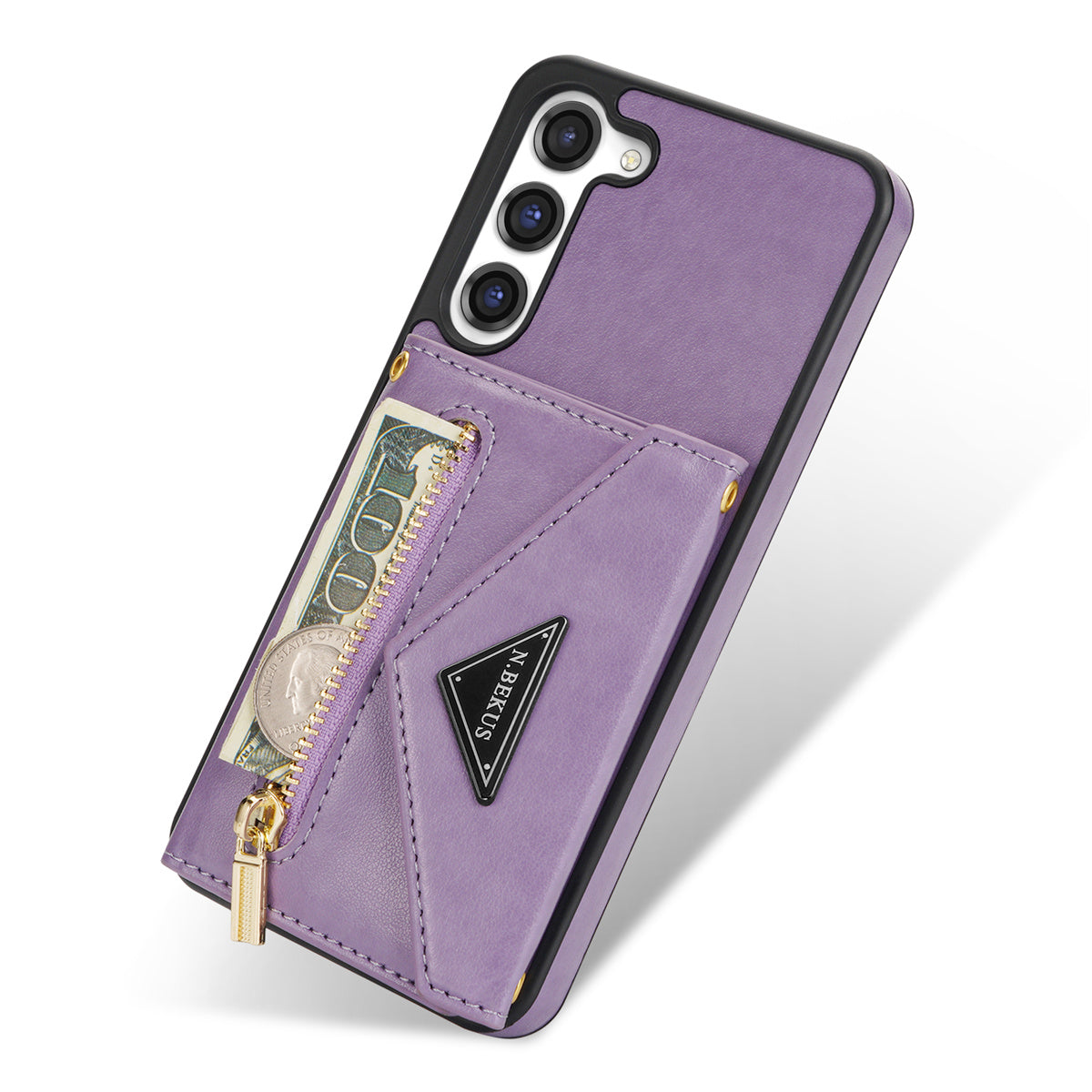 N.BEKUS For Samsung Galaxy S24+ Leather Zipper Case Card Holder Phone Cover with Shoulder Strap - Purple