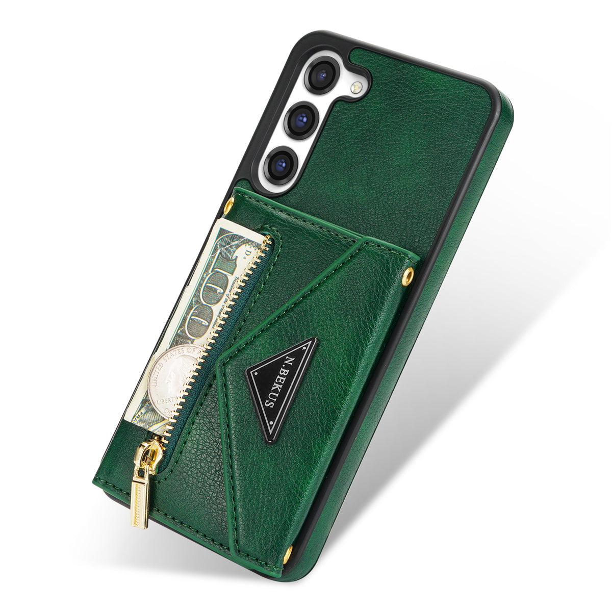 N.BEKUS For Samsung Galaxy S24+ Leather Zipper Case Card Holder Phone Cover with Shoulder Strap - Green