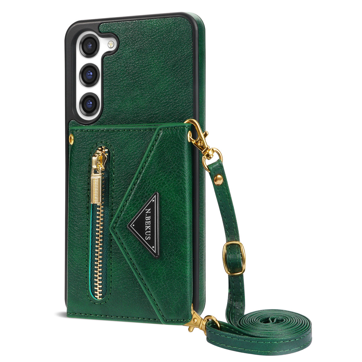N.BEKUS For Samsung Galaxy S24+ Leather Zipper Case Card Holder Phone Cover with Shoulder Strap - Green