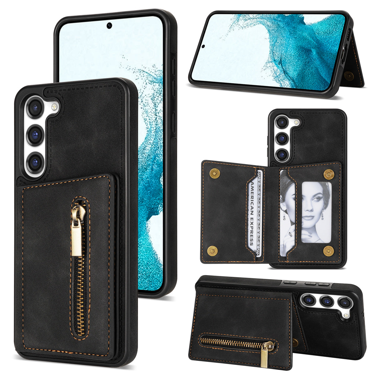 For Samsung Galaxy S24+ Cell Phone Case Zipper Pocket Wallet PU Leather Coated TPU Cover - Black