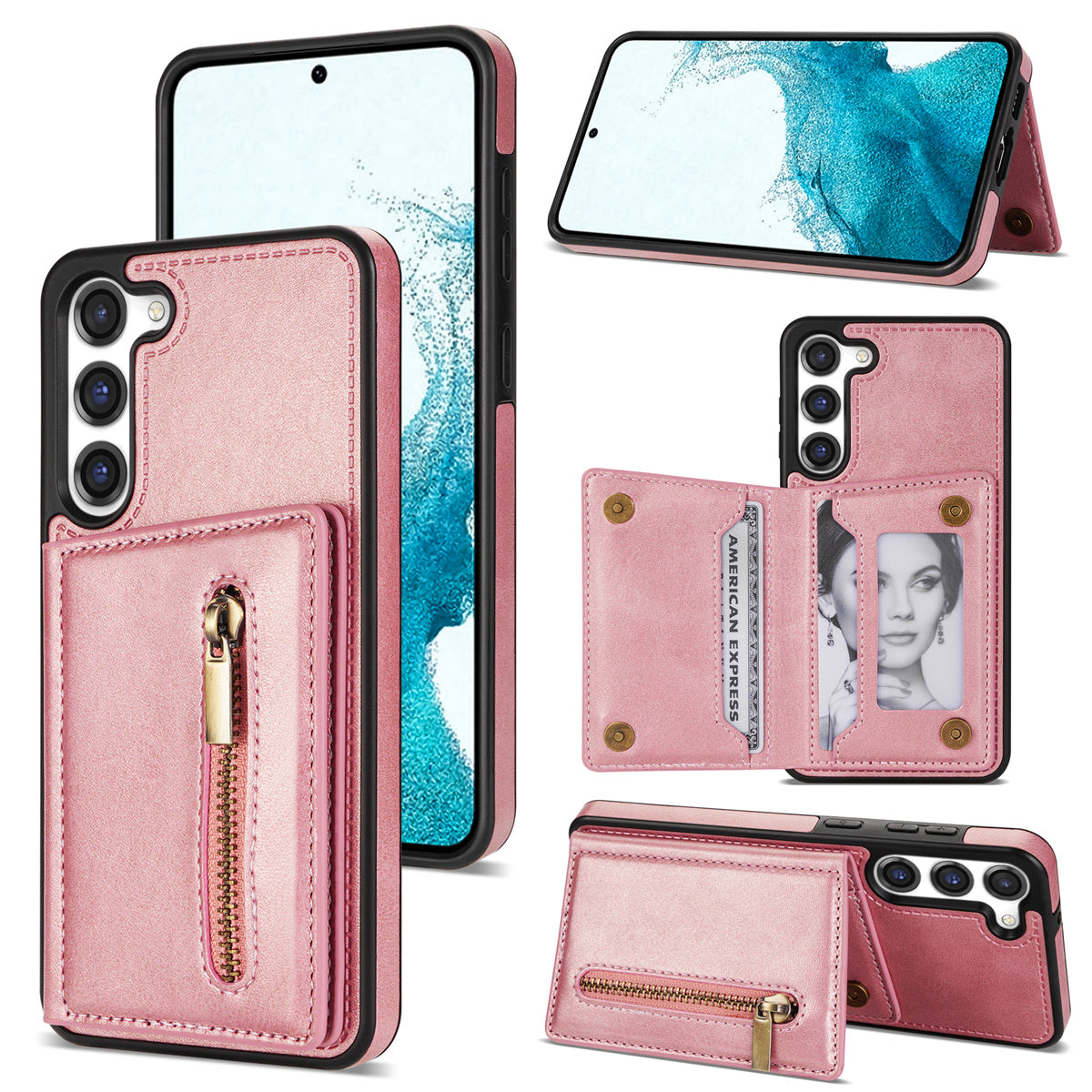 For Samsung Galaxy S24+ Cell Phone Case Zipper Pocket Wallet PU Leather Coated TPU Cover - Rose Gold