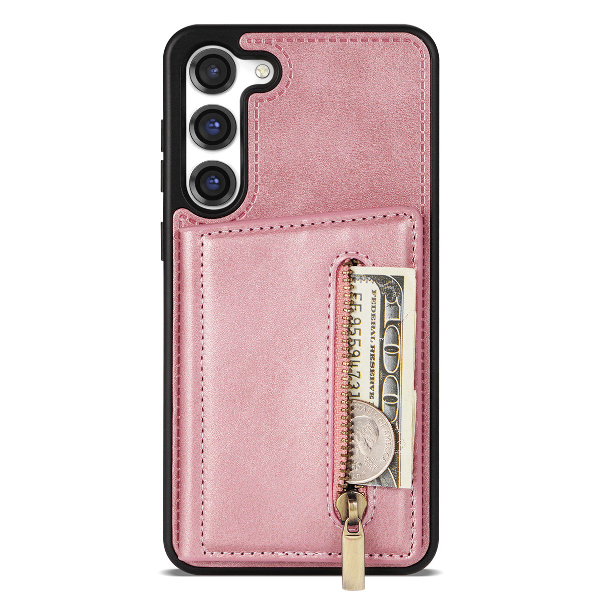 For Samsung Galaxy S24+ Cell Phone Case Zipper Pocket Wallet PU Leather Coated TPU Cover - Rose Gold