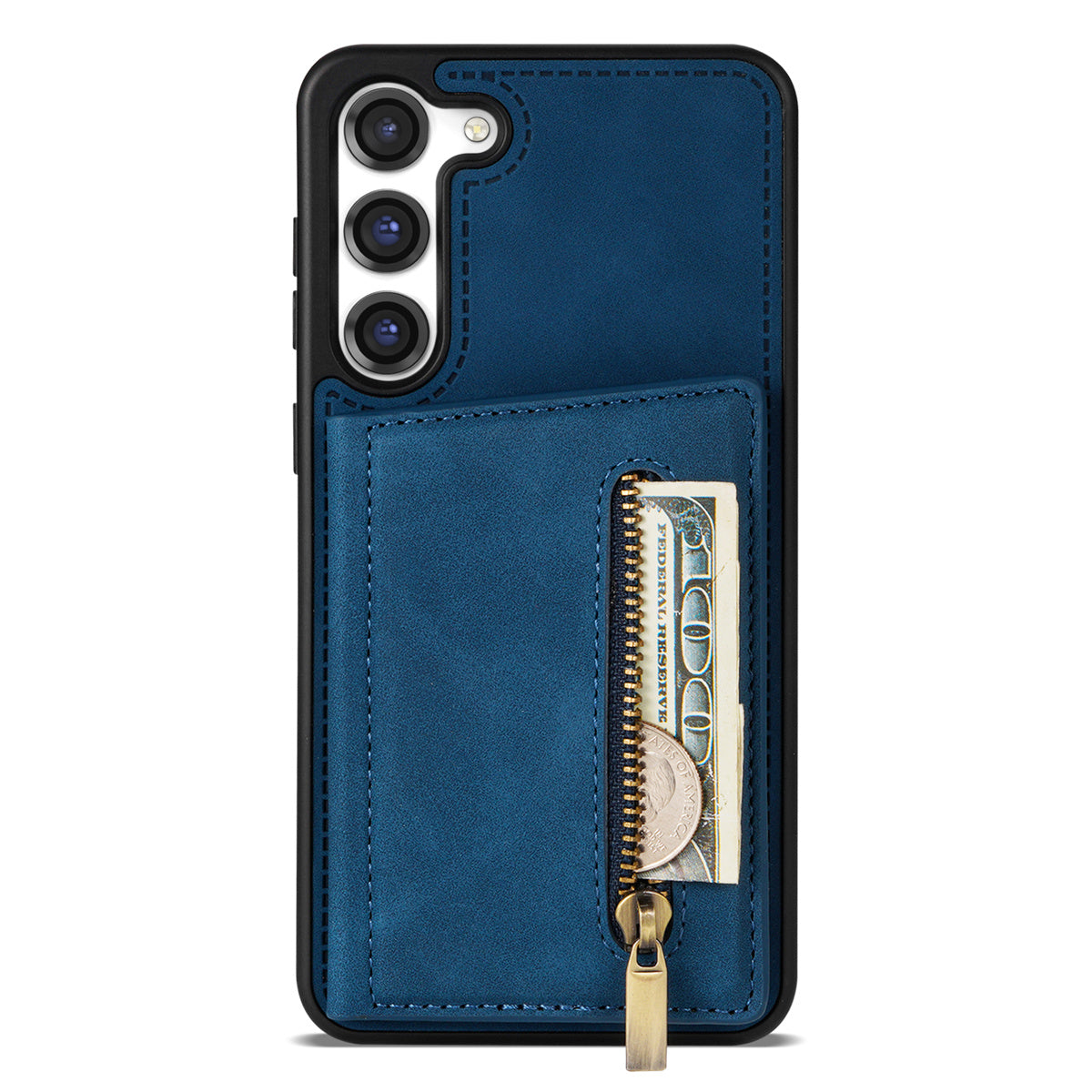 For Samsung Galaxy S24+ Cell Phone Case Zipper Pocket Wallet PU Leather Coated TPU Cover - Blue