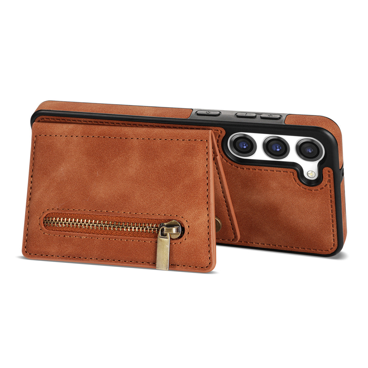 For Samsung Galaxy S24+ Cell Phone Case Zipper Pocket Wallet PU Leather Coated TPU Cover - Orange